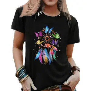 Butterfly Pattern Casual T-Shirt Women's Crew Neck Short Sleeve Regular Version 180g Knitted Fabric Black Elegant Everyday Outfit Tops