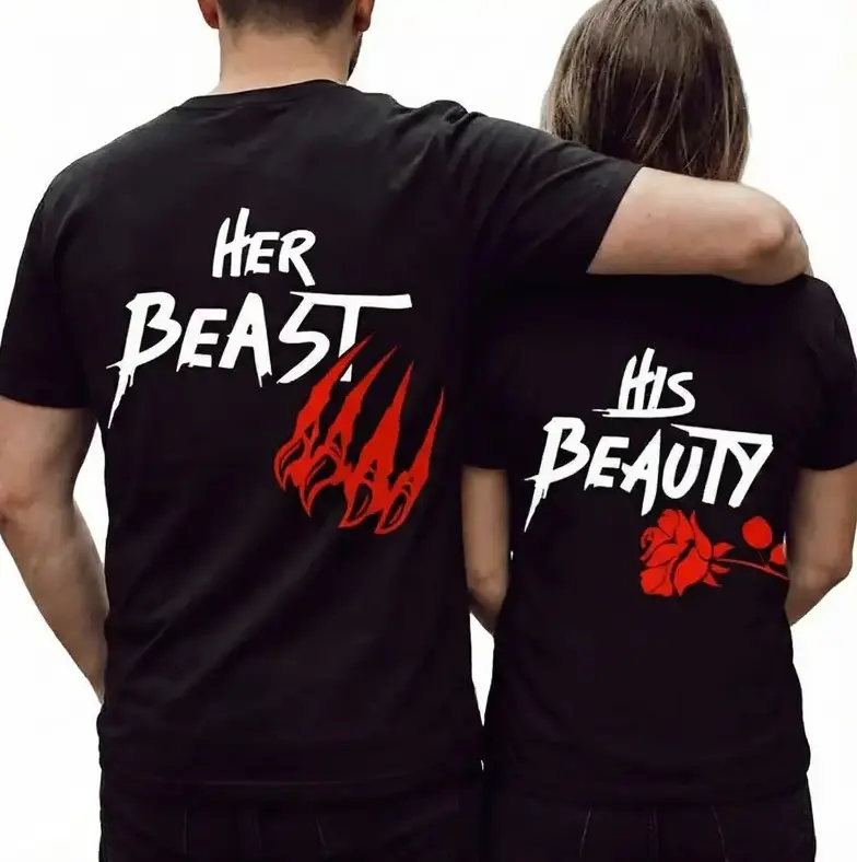 Matching Couple Graphic T-Shirts - "Her Beast"/"His Beauty" Viral TikTok Shop Deals, Men's/Women's Black Casual Crewneck Fitted Round Neck Shortsleeve Summer Outfits