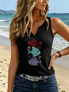 Colorful Tropical Fish Starfish Print V-Neck Tank Top, Sweet Sexy Slim Fit, Spring Summer Daily Wear, Layering Beachwear
