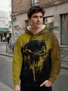 Men's hooded sweatshirt with 3D digital printing in black and yellow skull graffiti style, featuring all-over printed patterns. It is eye-catching for daily outings and music festival outfits, and serves as a perfect festival gift for men.