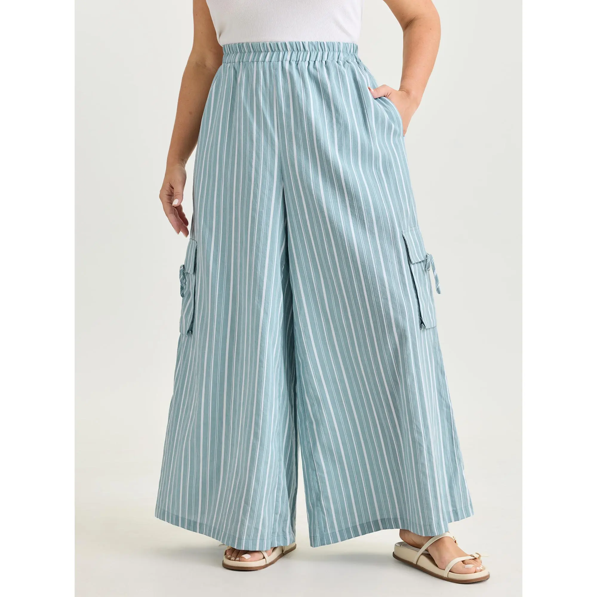 BloomChic Plus Size Striped Wide-Leg Pants, Casual Mid Rise Trousers in a Smooth, Loose Fit with Lace-Up Waist and Pockets, Garment, Bottom, Fabric, Rayon, Baggy, Casual Wear