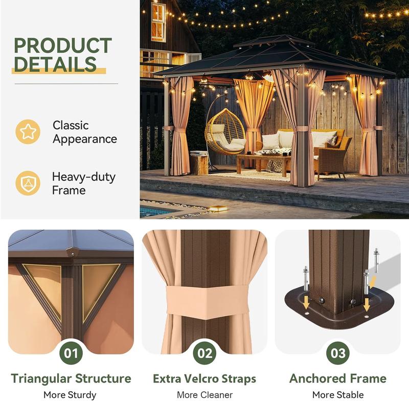 【2 Packages Shipping】Aoxun 10'x12' Hardtop Gazebo, Aluminum Frame Permanent Pavilion with Curtains and Netting, Outdoor Polycarbonate Gazebo, Double Roof Canopy, for Gardens, Patios, Lawns