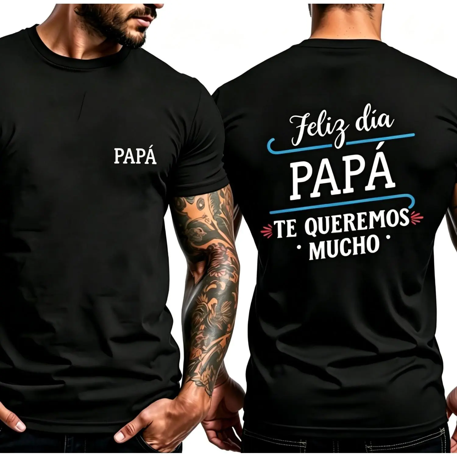Home Break Mens Black Cotton T Shirt Featuring Feliz Dia Papa Spanish Father Printing Comfortable Short Sleeve Daily Wear and External Work Suitable