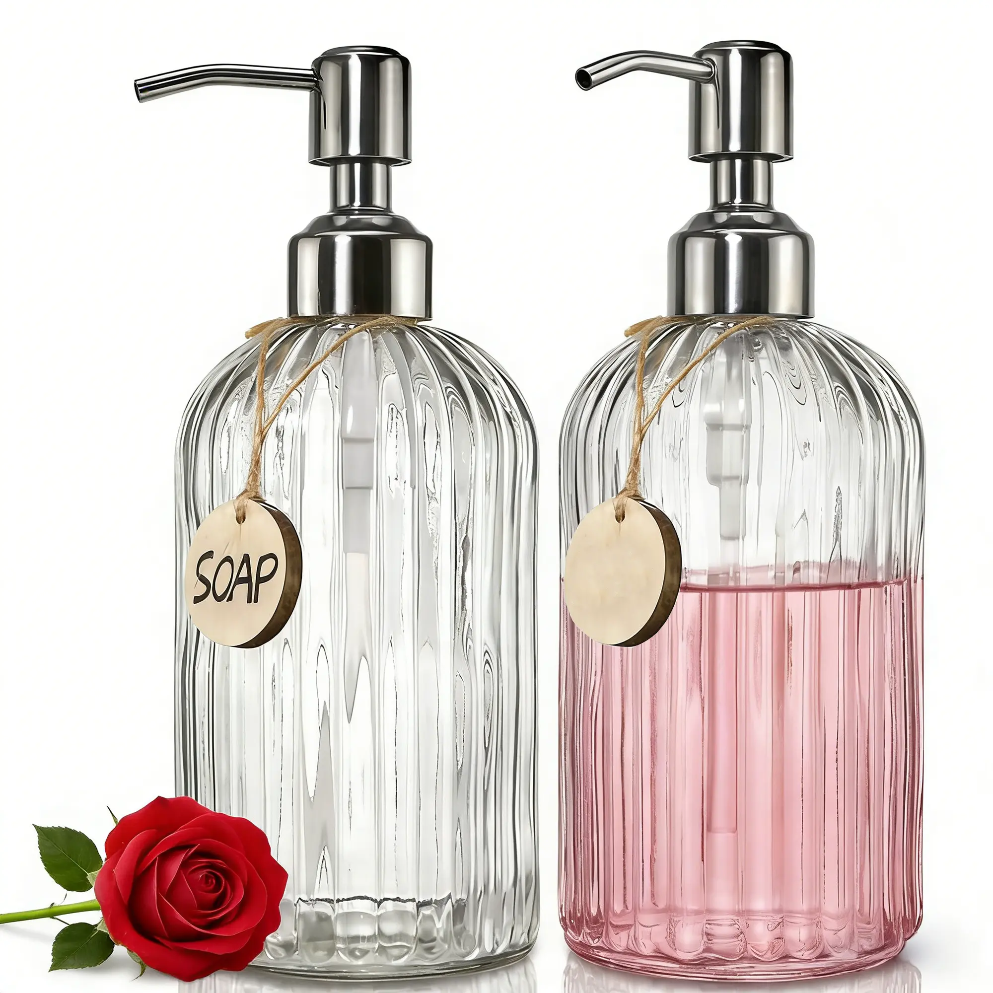 Modern Aesthetic Fluted Glass Soap Dispenser Set - 18oz Clear Hand & Dish Soap Bottle with 304 Stainless Steel Pump and Hanging Wood Tags for Bathroom & Kitchen Decor