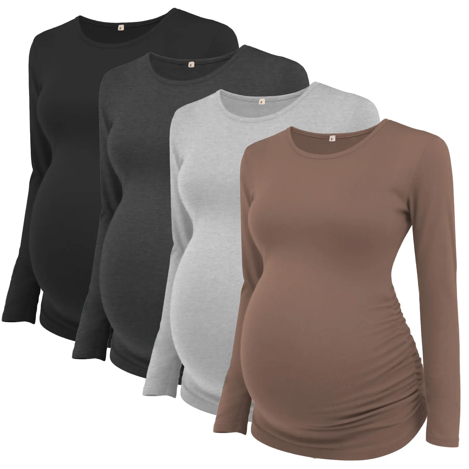 ECAVUS Women's 4-Pack Long Sleeve Maternity Tunic Tops, Casual Fit Rayon Shirts with Side Ruching for Pregnancy, Casual Fit Maternity