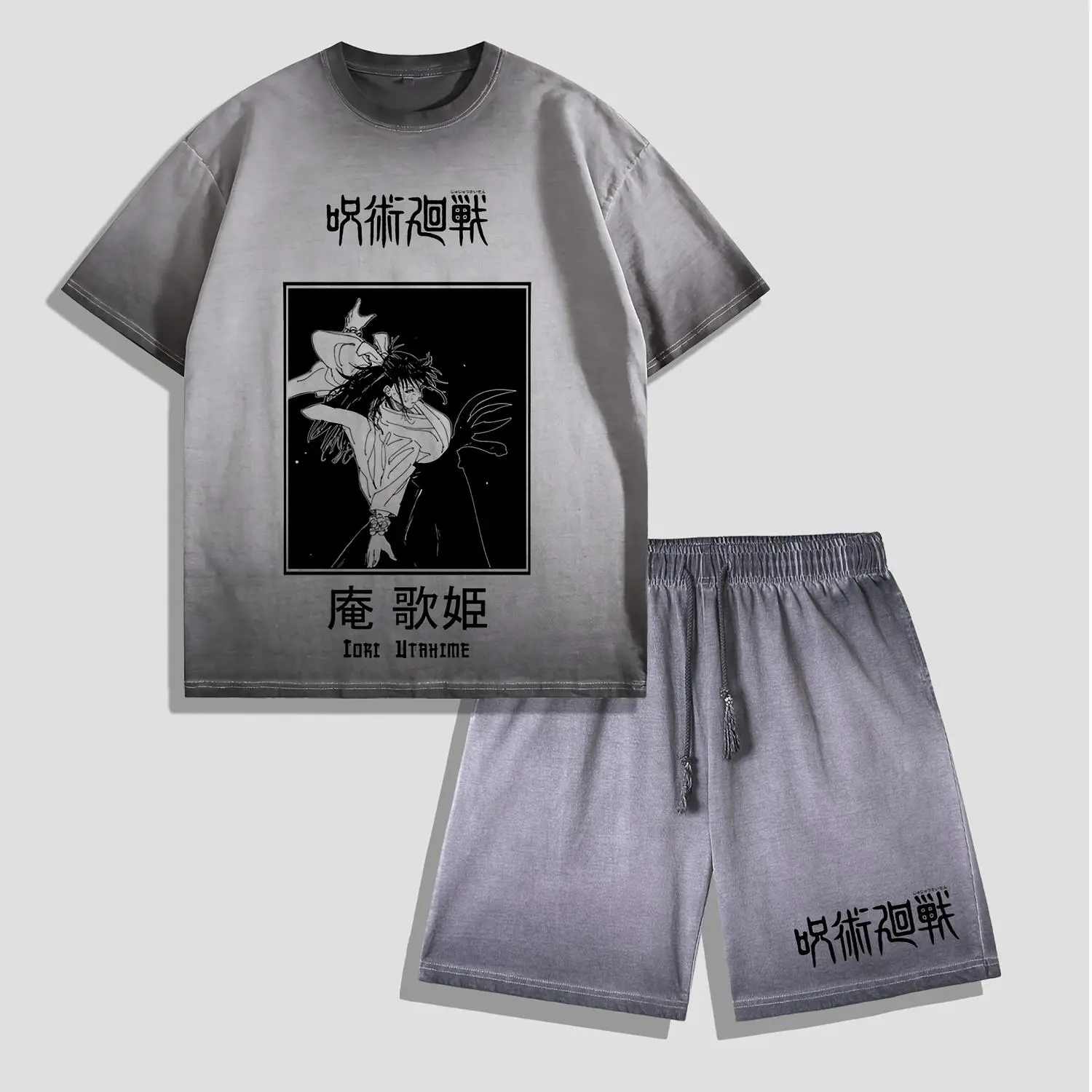 Men's 2-Piece Vintage Distressed Washed Round Neck Short-Sleeve T-Shirt & Shorts Set - Anime Style Aesthetic Men's Streetwear Loungewear for Jujutsu Kaisen Iori Utahime Fans, Aesthetic Men's Short-Sleeve T-Shirts
