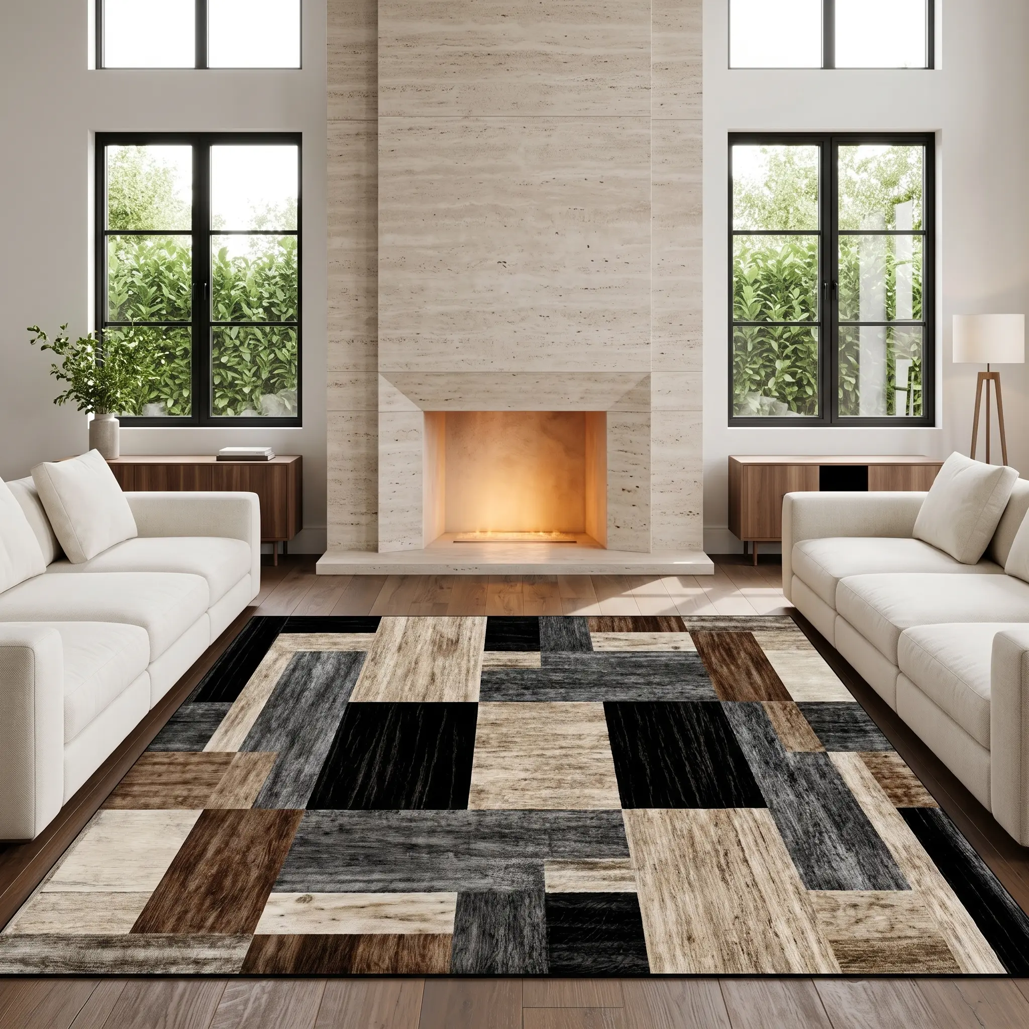 Black Brown Geometric Patchwork Washable Area Rug 8x10 5x8 4x6, Soft Velvet Low Pile Non Slip Indoor Carpet, Modern Abstract Rug for Living Room Bedroom Dining Decor