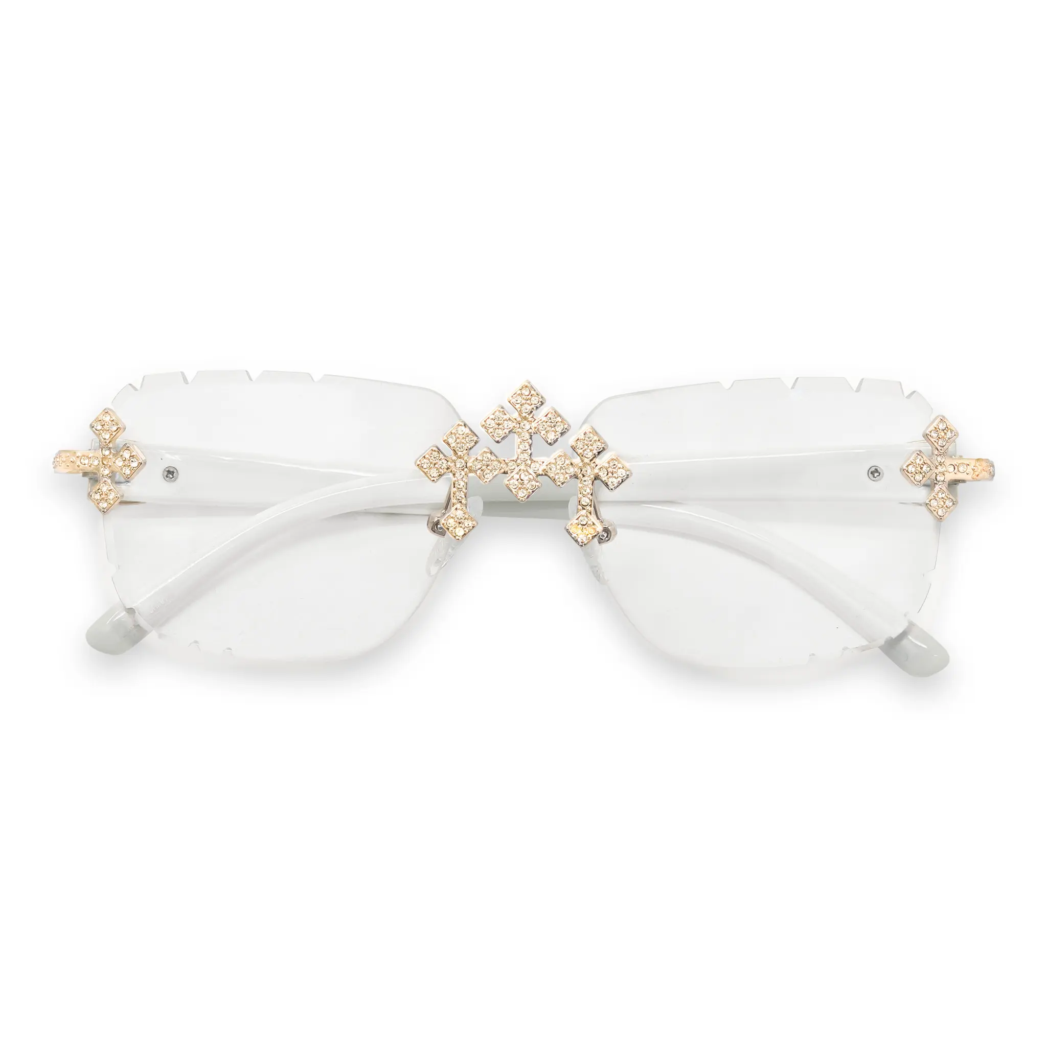 Triple Cross Iced Out Sunglasses – Clear Frame, Golden Bridge, Bold Men’s Streetwear Shades