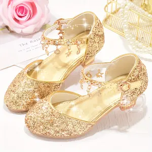Sparkling Princess High Heels for Girls - Glittery Golden Sequin & Rhinestone Star Design, Elegant Ankle Suspender Dress Shoes Weddings, Performances Formal Events, Spring/Summer/Fall, Wedding | Cute Fashionable