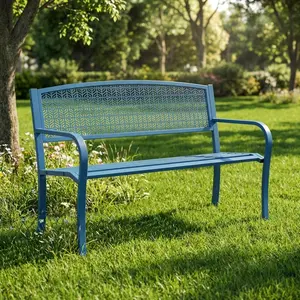 50 Inch Outdoor Metal Garden Bench for Patio Porch Yard Deck and Backyard, Weather Resistant Steel Bench with Curved Backrest and Decorative Pattern, 2 to 3 Person Garden Seating for Park Entryway Lawn in Multiple Colors