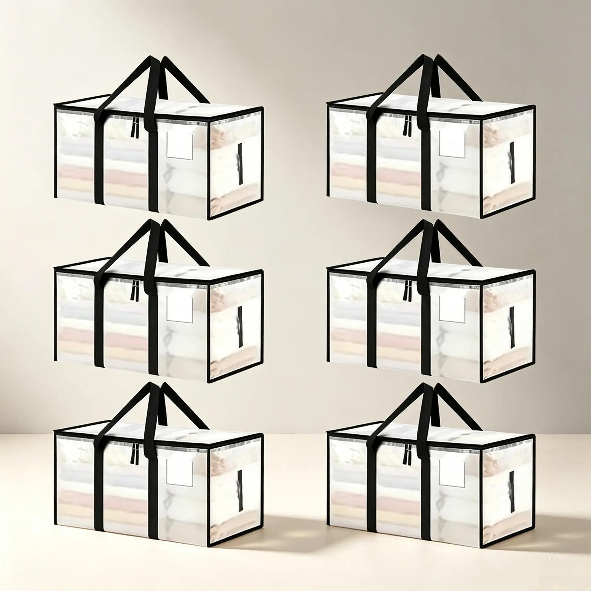Large-capacity, transparent, thick-walled plastic storage bins with hinged lids; sturdy, durable, high-capacity organizers ideal for home use, camping, travel, attics, dorm rooms, and moving