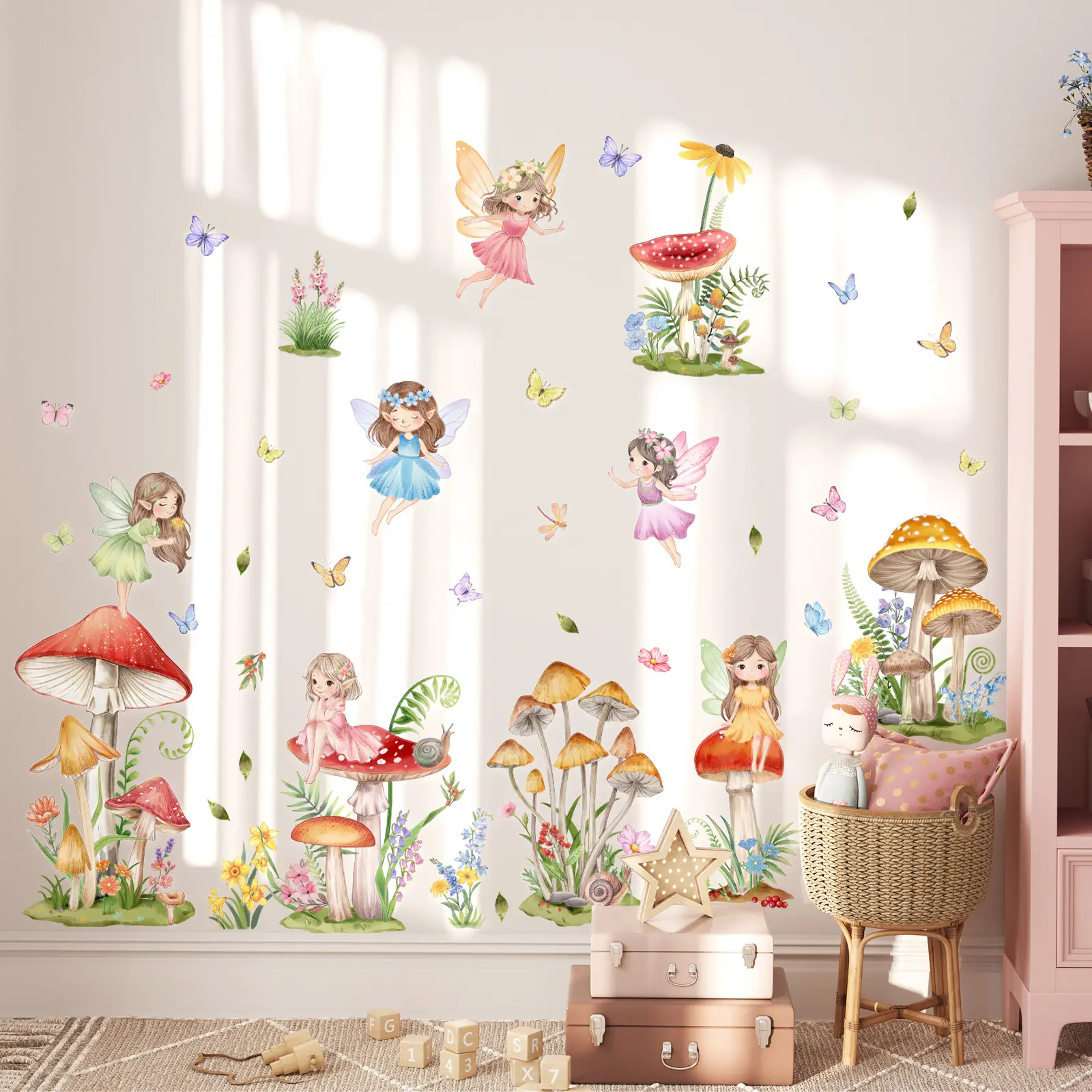 Set of 2 Pcs 30×90cm Elf Flower Mushroom Wall Sticker with New Glossy & Frosted Craft Self-Adhesive for Living Room Bedroom Home Decor Background