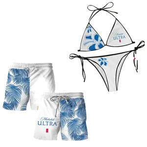 Tropical Palm Leaf Hibiscus Ultra Beer Matching Couple Bikini Set and Men's Swim Trunks Swimwear, Women String Halter Top Side Tie Bottom, Quick Dry Board Shorts, Full Print Beach Swimsuit, Summer Pool Party Outfit, Gift for Him Her