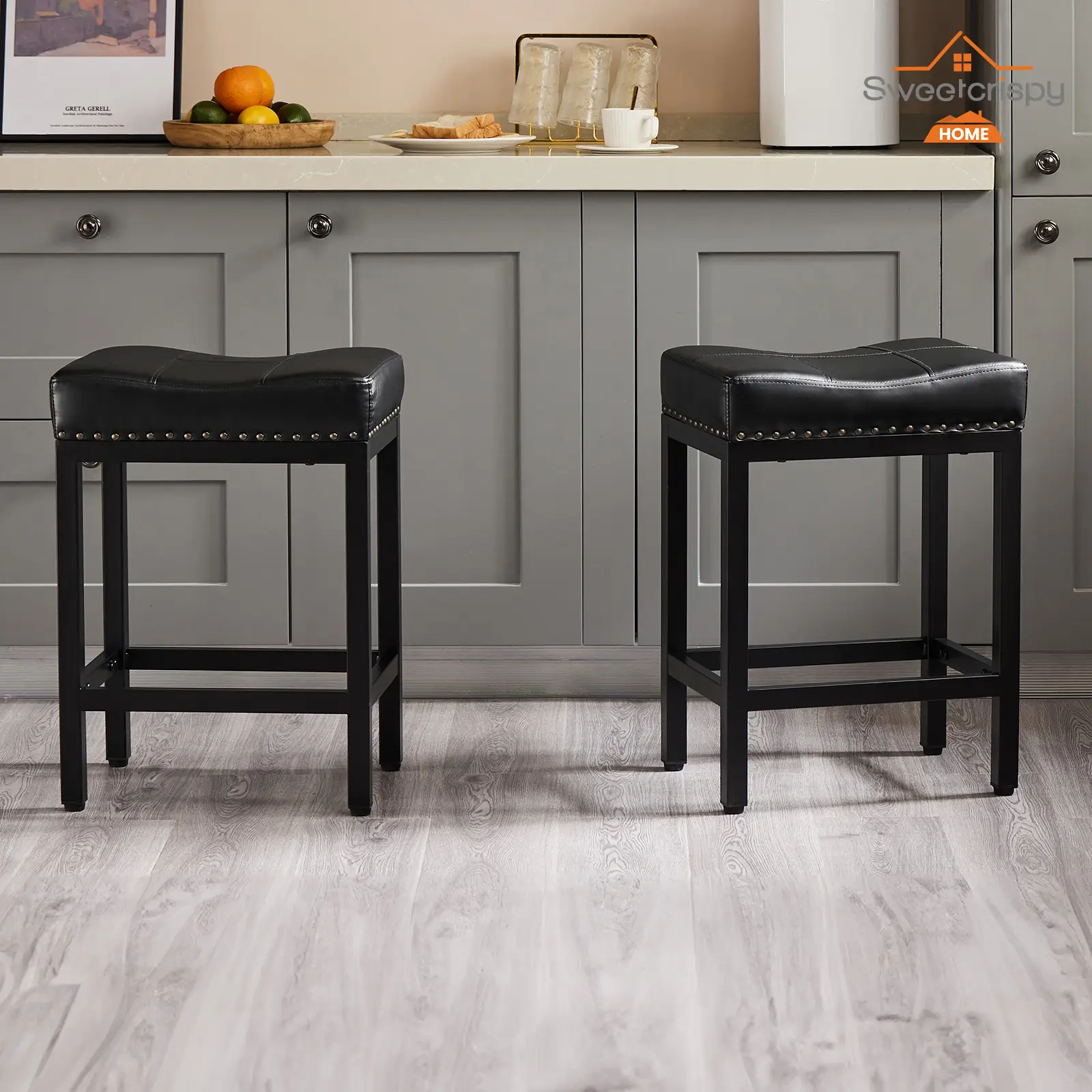 Sweet Furniture-Bar Stools Set of 2, 24 inch Counter Height Bar Stools, Upholstered Modern Kitchen Barstools with Metal Base, PU Leather Saddle Stools