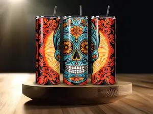 20 OZ Dia de los Muertos Sunburst Sugar Skull Stainless Steel Tumbler W/ Straw