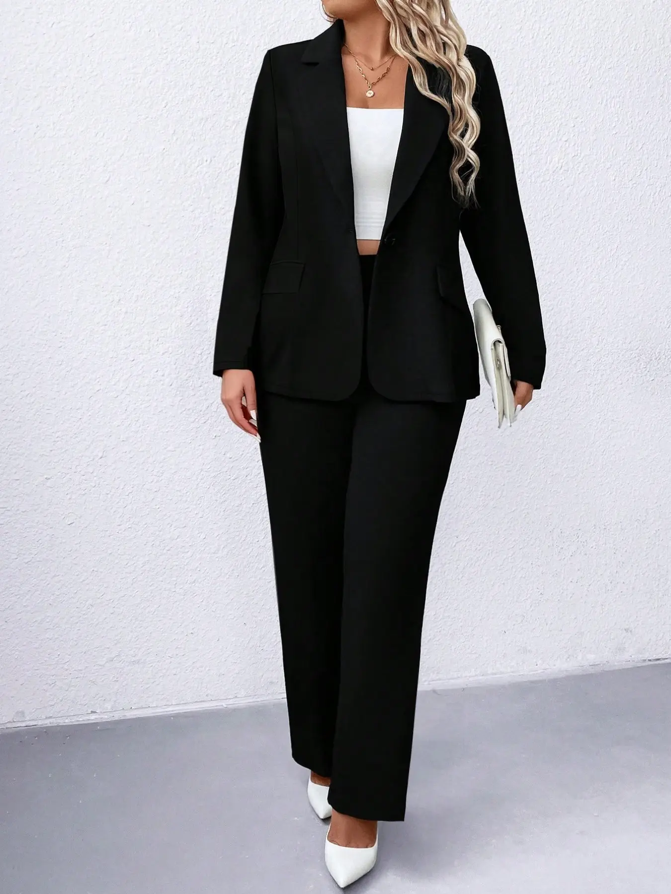Women's Plus Size 2 Piece Outfits Suits Single Button Blazer Pants Solid Notch Lapel Jacket Straight Trousers Business Casual Teacher Workwear Graduation Back to School Office Trendy