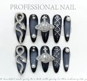 TISXTISW Press on Nails Handmade Almond Nails Cool Pearls Y2k