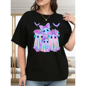[100% Cotton] Women'S Halloween T-Shirt - Cute Purple & Pink Ghosts, Bat & Floral Graphic Tee - Lightweight Everyday & Party Outfit   Casual Round Neck Top, Seasonal Fashion, Whimsical Design, Comfortable Fit, Short Sle Golf Gift T-Shirt For Men And Women