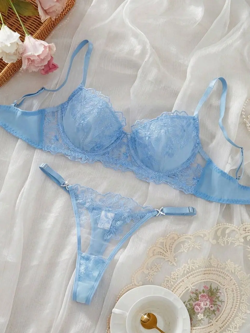 Retro-Style Blue Lingerie Set, Sexy Two-Piece Bra and Panty for Women