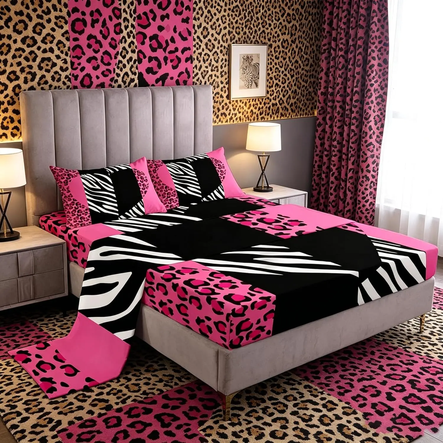 Leopard Sheet Set,Love Heart Bed Sheet Set Deep Pocket Fitted Sheet + Flat Sheet,Black White Pink Leopard Zebra Print Bedding Set Room Decor