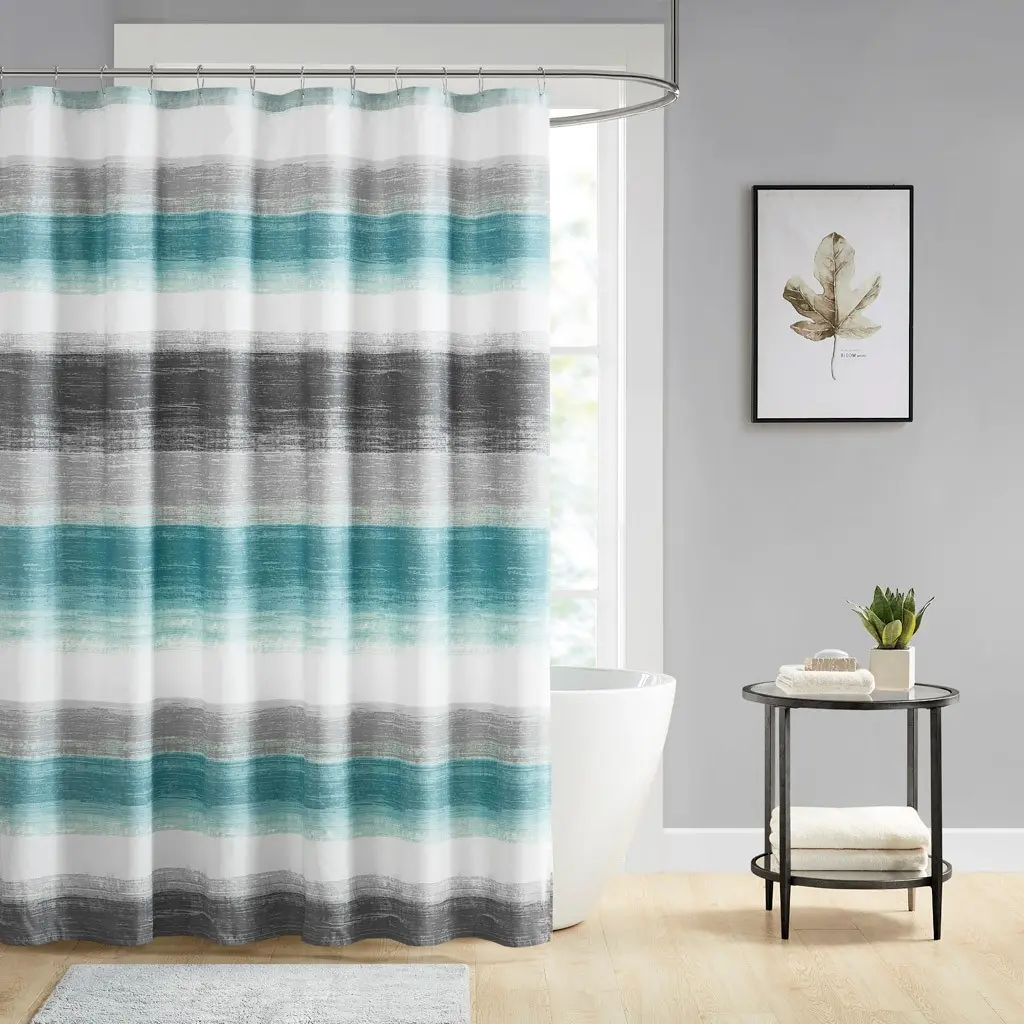 Shower Curtain 72x72 Inch Watercolor Stripe Print Polyester Fabric Bathroom Privacy Screen with 12 Button Holes, OEKO-TEX Certified and Antimicrobial, Machine Washable, Grey