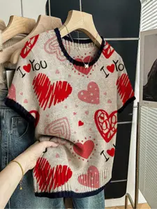 Heart Letter Print Round Neck Sweater, Casual Short Sleeve Knitwear for Spring Summer Fall, Comfortable Warm Women's Clothing