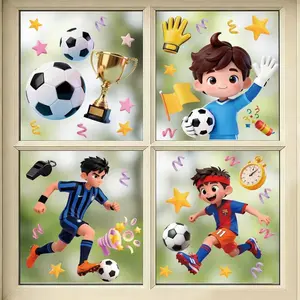 Football Dual-Sided Static Window Stickers Set of 4, Cartoon Player Designs, Removable No-Glue Decorations, Perfect for Fan Rooms