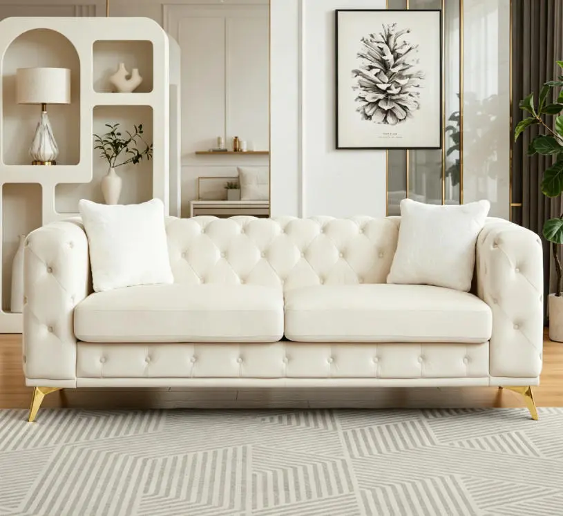 Chesterfield-Style Velvet Sofa - 82.5-in Classic Modern Living Room Furniture with Tufted Detailing, 2 Throw Pillows, and Metal Legs Decorative Sofa Deep Seating Sofa