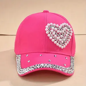 Stylish All - Season Women's Rose Pink Baseball Cap with Pearl Heart Accents - Adjustable, Breathable Polyester Fabric