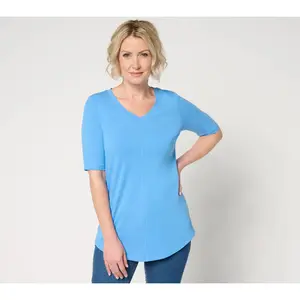 QVC Denim & Co. Essentials Reg Favorite Jersey Tunic - Women's Elbow-Sleeve V-Neck Blouse
