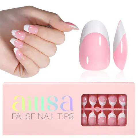 Aillsa Short Oval French Tip Press on Nails - 180pcs Classic Nude/White Full Cover Soft Gel Nail Tips Natural False Nails 15 sizes Easy to Wear Soak Off Acrylic press Nails Extensions Reusable & Comfortable Fit DIY Nail Art at home Beauty Products, Builde