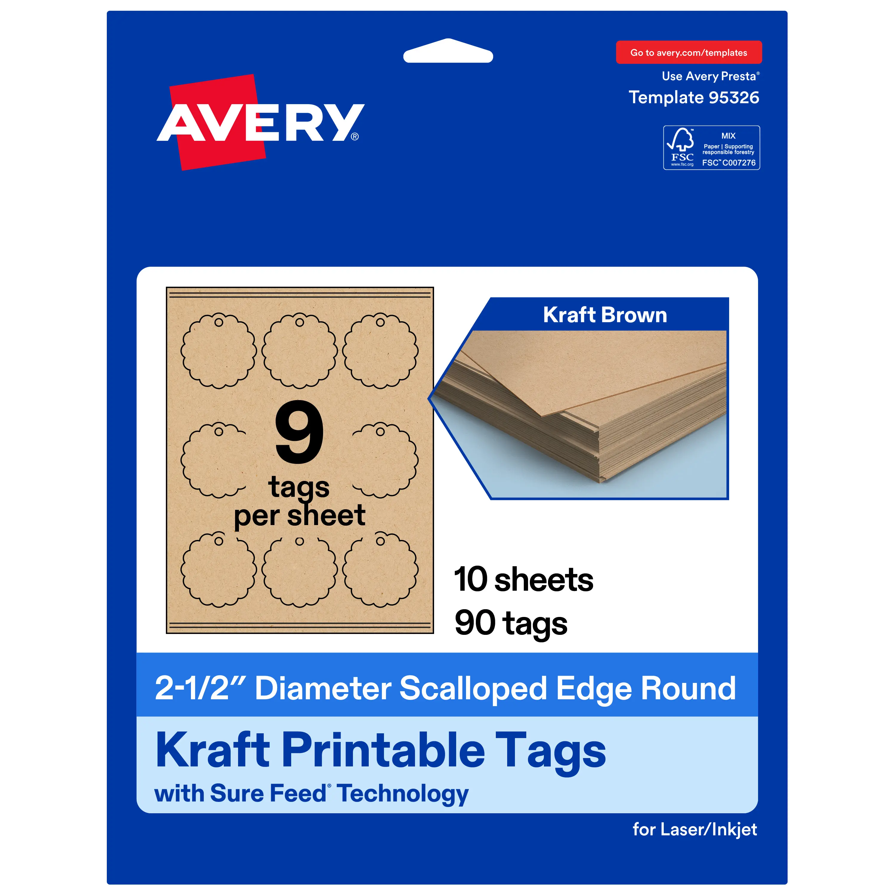 2-1/2" Diameter Round Scalloped Edge, Kraft Brown Printable Tags