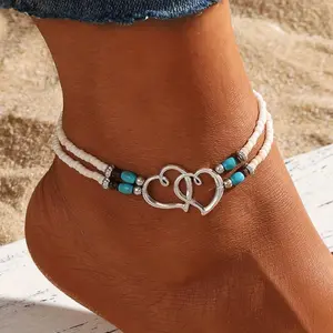 Double Openwork Heart Beaded Anklet Set - Elegant Bohemian Style, Mini Seed Beads, Elastic Design, Perfect Gift for Beautiful Women, Fashionable Jewelry Accessory for Any Occasion
