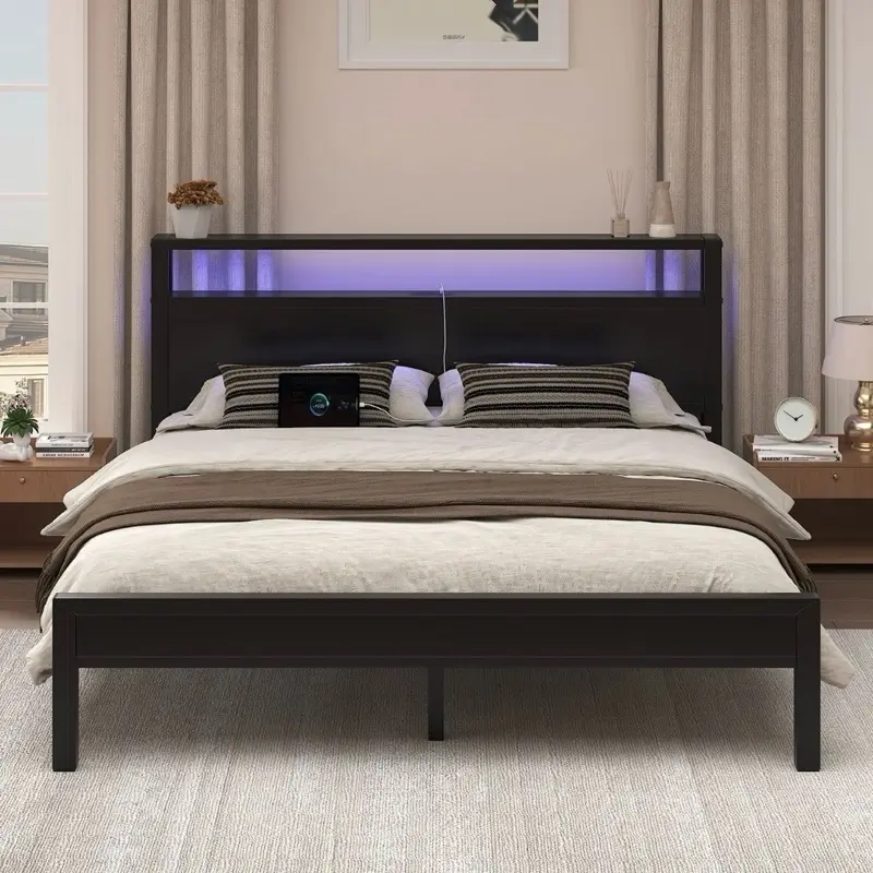 Bed Frame Full/Queen/King Size with 2-Tier Storage and LED Lights Headboard