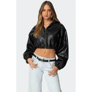 Edikted Women's Hooded Faux Leather Cropped Jacket