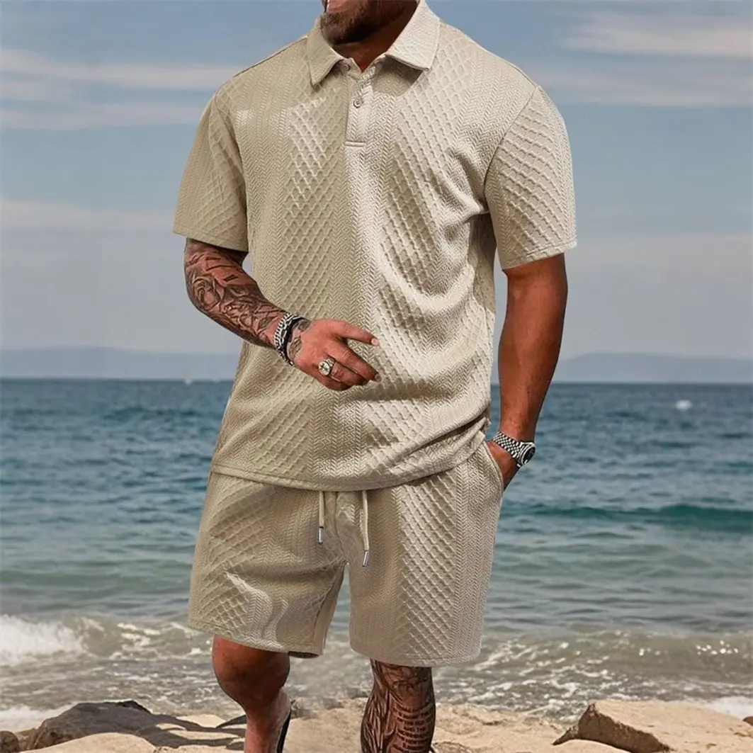 Trending Men’s Polo & Shorts Set, Jacquard Texture Summer Outfit, Lightweight Breathable Sport Set, Streetwear Matching Set Casual Athletic
