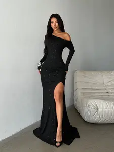 Elegant Sequin One-Shoulder Fit Bodycon Split Dress for Women, Perfect for Formal Parties, Nightclubs, Dates, All Seasons Fashion