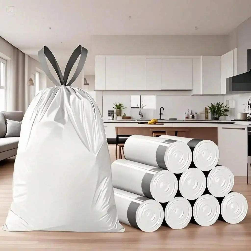 Plastic Leak-Proof Strong Drawstring Trash Bags, 5-Pack Multi-Functional Portable Thick Home Care Supplies Bags, Draw String Bag