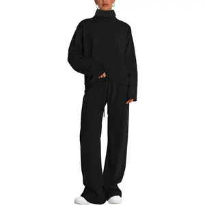 Women's 2 Piece Cashmere Sweatsuit Outfits Long Sleeve High Neck Pullover Top & High Waist Wide Legs Pants Lounge Set