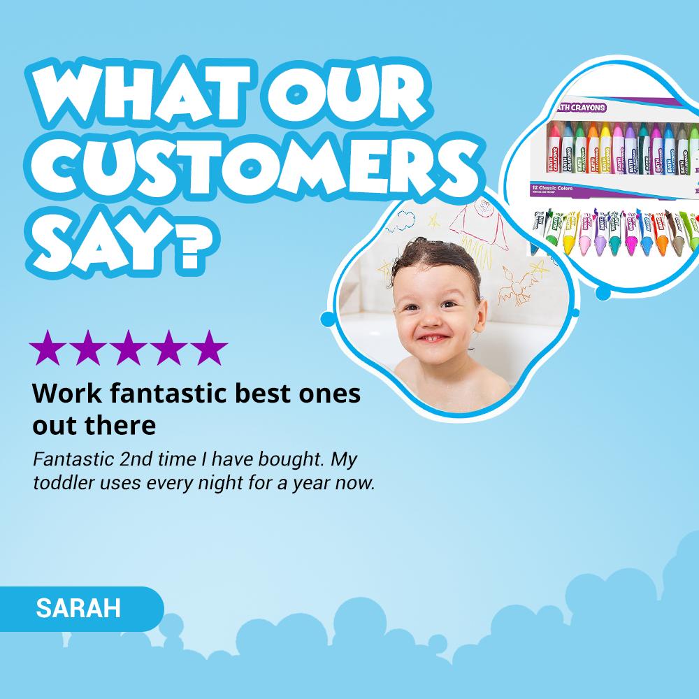 Tub Works 12-Pack Bath Crayons for Kids 3+, Non-Toxic, BPA-Free, Phthalate-Free, Washable Vivid Colors, Easy Grip for Wet-Dry Surfaces, Bath Time Art Supplies with Reusable Box for Children Development