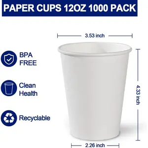 1000 Count - 12 oz Paper Coffee Cups, Disposable Coffee Cups 12 oz, Thickened White Paper Cups for Hot or Cold Beverage, Home, Office, Party, Business, Events Pack