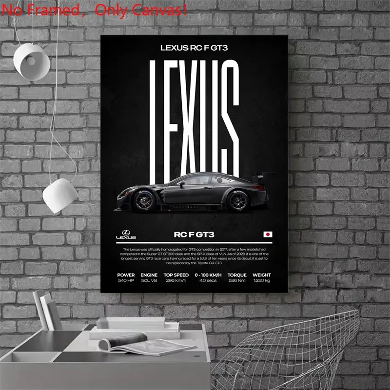 1 Piece/Set frameless canvas painting print poster, Artistic Luxury sports car art ，Lexus RC F GT3 Race Car， a perfect gift for cars loves, ideal gift for bedroom, living room, dorm hallway, kitchen, mural, wall decoration, room decor