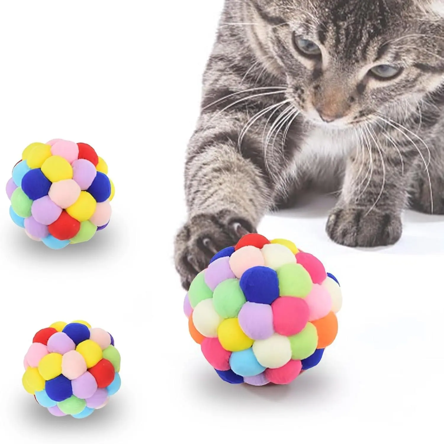 Fuzzy Balls with Bells for Cats, Chewing and Enrichment Tool, Multi-Color Soft Plush, Small (2"), Medium (2.5"), Large (3"), 3 count Per Pack