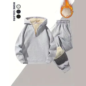 Fleece Lined Thickened Hooded Half Zipper Cardigan Sweatshirt and Jogger Pants Set Autumn Winter Casual Two Piece Outfit Matching Clothes men's 2 piece set men's sweatsuit set men 2 piece sets Womenswear Style
