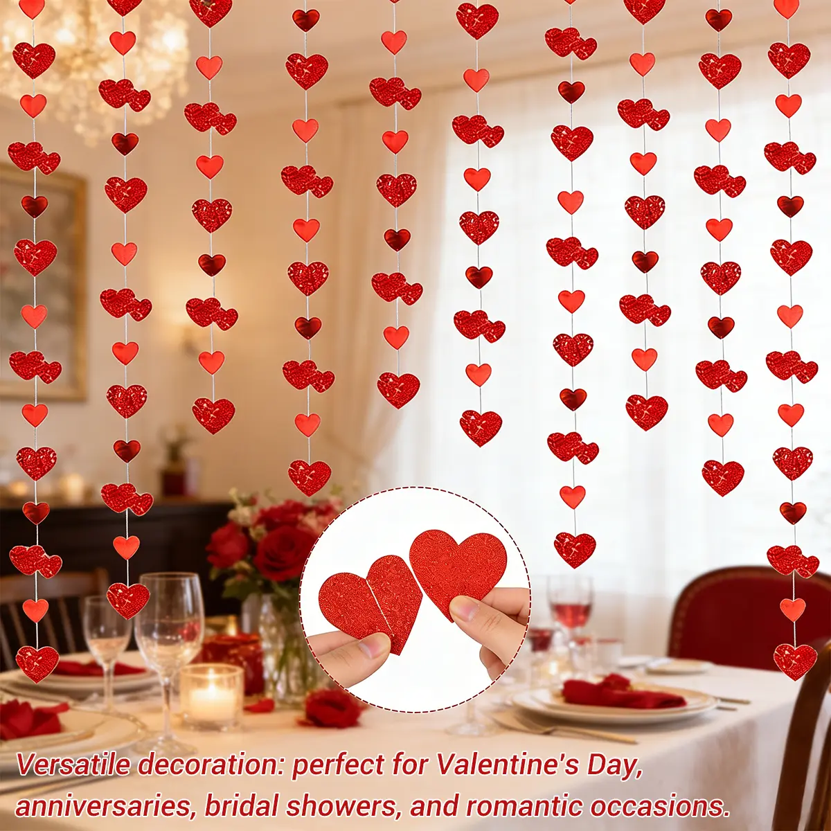 52Ft Valentines Day Party Decorations Red Heart Garland Metallic Glitter Hanging Heart Streamer Banner for Anniversary Mother's Day Engagement Wedding Bridal Shower Bachelorette Hen Party Supplies