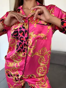 Pink Baroque Satin Pajama Set – Luxury Long Sleeve Sleepwear for Women, Soft Silky PJs