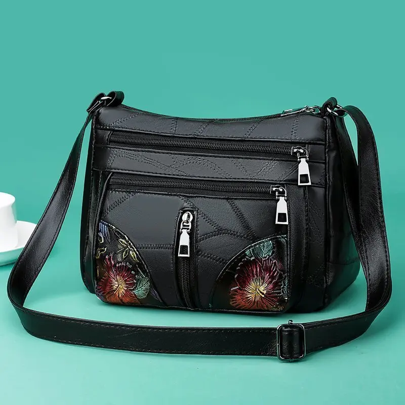 Women's Chic Fashionable Hand-painted Crossbody Bag - Adjustable Strap Purse, 2 Floral Areas, Spacious Multi-layered, Lightweight Nylon, Tassel Detail, Artful Floral Look, Hand-painted Flair, Black, Random Print