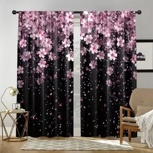 Vintage Curtain Set of 2, Dreamy Cherry Blossom Design, Abstract Glitter, Polyester Fiber, Perfect for Living Room, Bedroom, Office Decor
