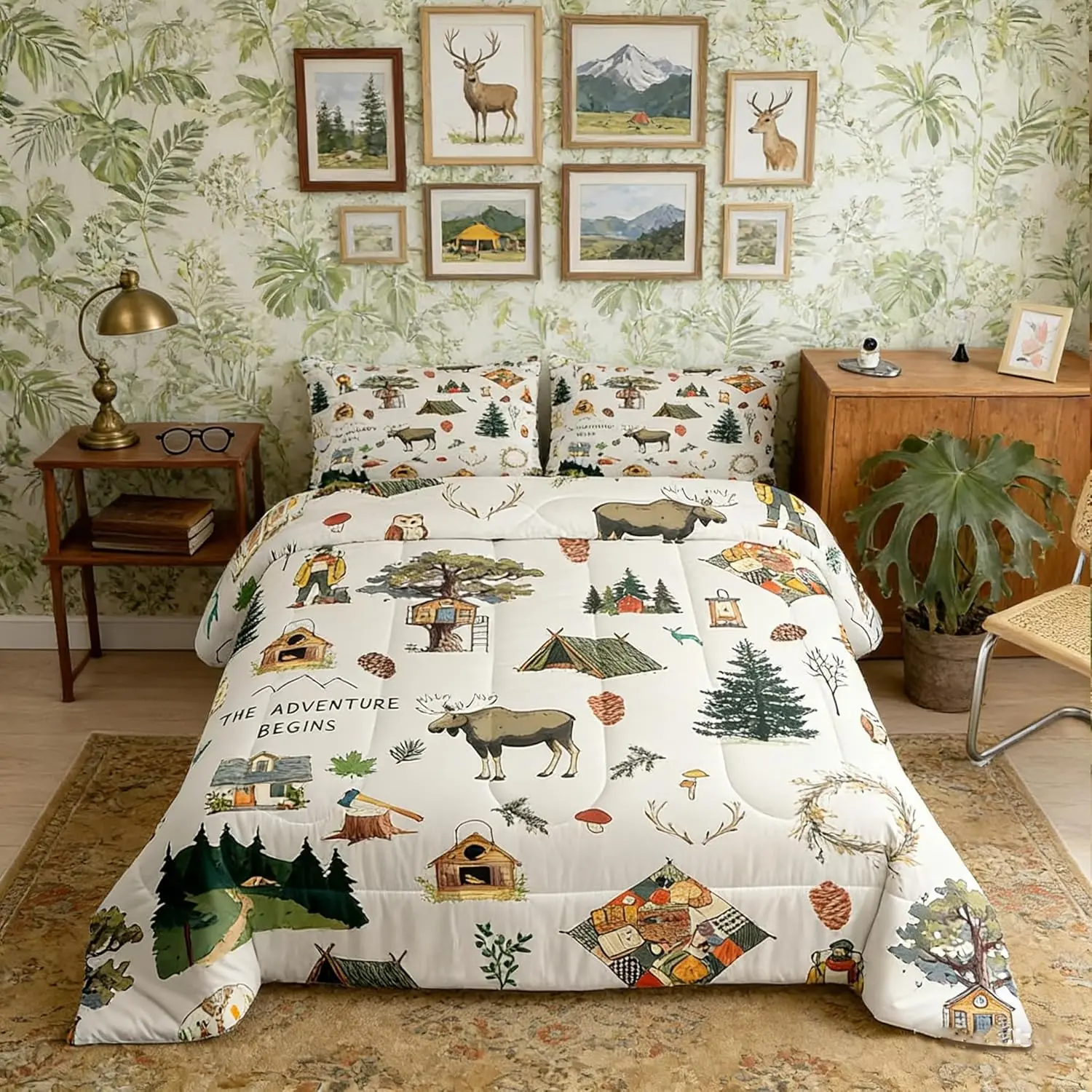 Cartoon Camper Comforter Set Jungle Adventure Travel Bedding Set Wild Elk Animals Mountain Trees Quilt Set Men Bedroom Decor Happy Camping Duvet Insert
