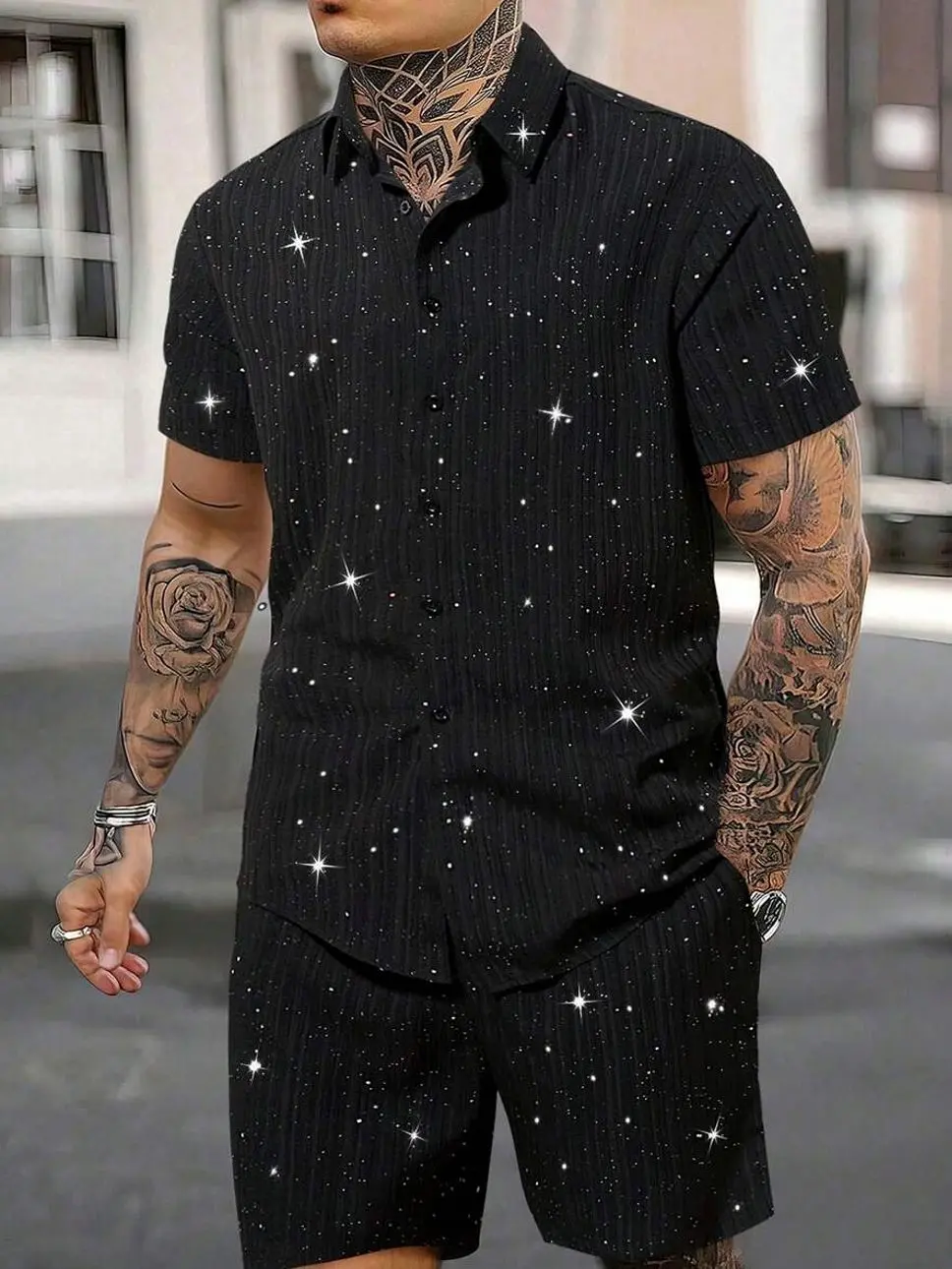 Men's 2 piece sets - Men's Black Sequin Shirt & Shorts Set, Glittering Two-Piece Matching Outfit, Stylish Summer Party Wear men shorts summer clothing trending clothing trending clothes male clothing shorts for the summer men 2 piece sets Menswear Casual